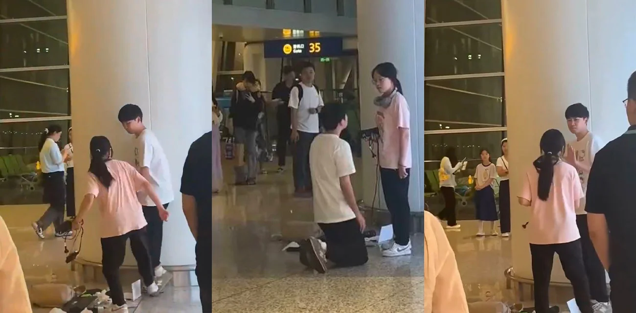 舔到地上也没用  机场男子下跪求复合  集美怒踹加巴掌！