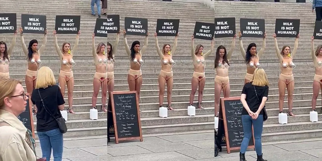 德国柏林 女子抗议继续整活 全裸吸奶器抗议 牛奶不是人类的 号召人们不要喝牛奶